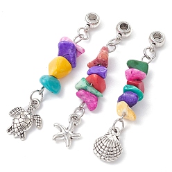 (52) Непрозрачная лаванда Подвески с окрашенной синтетической бирюзой, с сплава прелести, черепаха/панцирь/морская звезда, разноцветные, 54~57 мм, отверстие : 3 мм, 3 шт / комплект.