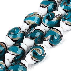 Dunkles Cyan Handgemachte Glasperlen Goldsand-Stränge, Oval mit Wirbelmuster, dunkles Cyan, 14.5~16.5x11 mm, Bohrung: 0.5~1.2 mm, ca. 23~25 Stk. / Strang, 14.17~15.55 Zoll (36~39.5 cm)