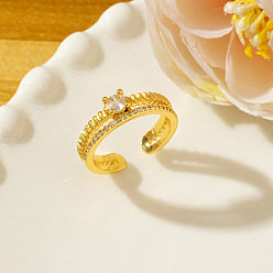Round Brass Micro Pave Cubic Zirconia Cuff Open Rings for Women, Golden, Round, 15~20mm