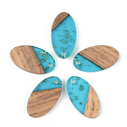 Темно-бирюзовый Подвески из прозрачной смолы и ореха, золотой фольгой, овальные, темные бирюзовый, 20x11x3 мм, отверстие : 2 мм