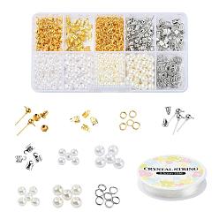 Gemischte Farbe DIY Ohrringe machen Kits, einschließlich runder ABS-Kunststoffimitat-Perlenperlen, Eisenbeschläge & Ohrmuttern & klappbare Crimpenden & offene Sprungringe, Elastische Kordel Kristallschnur Kristall Faden, Gemischte Farbe, Perlen: 400 Stück / Set