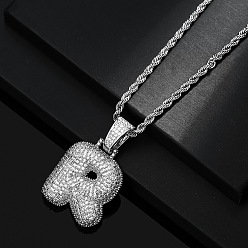 Letter R Латунные микропаве прозрачные кубические цирконии массивные инициальные подвески ожерелья, платина, Буква R, 19.69 дюйм (50 см)