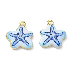 Blue Printed Brass Pendants, Starfish Charms, Cadmium Free & Lead Free, Golden, Blue, 18x18x4mm, Hole: 1.8mm
