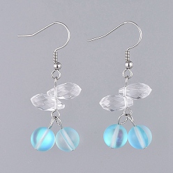 Голубой Болтаются серьги, с синтетическими бусинами из лунного камня, Грановитая Teardrop, стеклянные бусины и крючки для серег из нержавеющей стали, голубой, 43 мм, штифты : 0.7 мм, Кулон : 25x16x8 мм