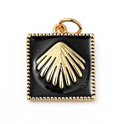 Черный Подвески из латуни с эмалью в стойку, с целью перехода в кольце, без кадмия, без никеля и без свинца, реальный 18 k позолоченный, квадрат с веером, чёрные, 16.5x14x6 мм, отверстие : 3.6 мм