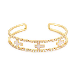 Белый Дым Прозрачный кубический цирконий крест открытый браслет-манжета с эмалью, настоящие позолоченные украшения из латуни для женщин, без кадмия и без свинца, серый, внутренний диаметр: 18 дюйм (1-7/8x2-3/8 см)