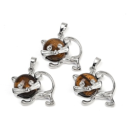 Тигровый глаз Кулоны с тигровым глазом, милые латунные подвески в форме кошки, платина, долговечный, стойки покрытие, 28.5x30.5x10 мм, отверстие : 8x5 мм