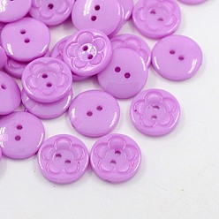 Medium Orchid Acrylic Sewing Buttons for Clothes Design, Plastic Buttons, 2-Hole, Dyed, Flat Round with Flower Pattern, Medium Orchid, 16x3mm, Hole: 1mm