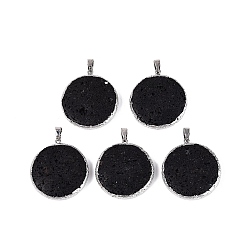 Platinum Electroplate Natural Lava Rock Coin Pendants, Brass Flat Round Charms with Stainless Steel Snap On Bails, Stainless Steel Color, Platinum, 39~40x36x7~8mm, Hole: 8x4mm