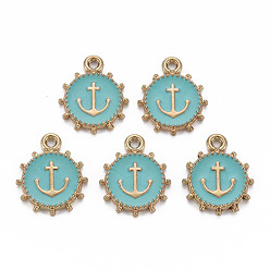 Средний Бирюзовый Подвески из эмали и сплава, золотой свет, без кадмия, без никеля и без свинца, плоские круглые с якорем, средне бирюзовый, 17.5x14.5x2 мм, отверстие : 1.6 мм