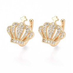 Настоящее золото 18K Латунные серьги-манжеты из прозрачного кубического циркония, корона, реальный 18 k позолоченный, 12.5x11.5x12 мм