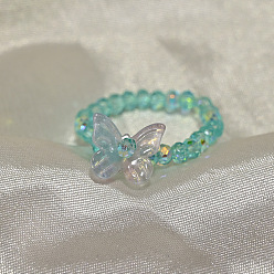 Turquoise Handmade Lampwork Beaded Finger Rings, Butterfly, Stretch Rings for Women, Turquoise, 17mm
