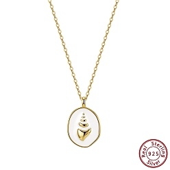Real 14K Gold Plated 925 Sterling Silver Enamel Pendants, Whtie Oval with Conch Charms, without Necklace, Real 14K Gold Plated, 18x12mm