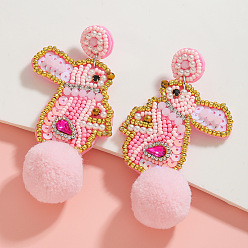 Pink Пасхальные серьги-гвоздики из пластика, ткани и стекла, кролик, розовые, 80x40 мм