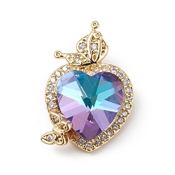 Colorful Real 18K Gold Plated Rack Plating Brass Micro Pave Clear Cubic Zirconia Pendants, with Glass, Long-Lasting Plated, Cadmium Free & Lead Free, Heart & Butterfly Charm, Colorful, 23x15x9mm, Hole: 5x2.5mm