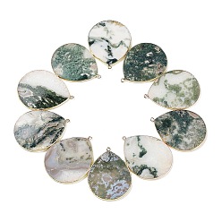 Moss Agate Natural Moss Agate Pendants, with Brass Findings, Teardrop, Golden, 42~44x33~35x2.5mm, Hole: 2mm