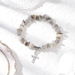 Лабрадорита Браслеты из бусин с натуральным лабрадоритом, браслеты с подвесками в виде креста из сплава для мужчин и женщин, внутренний диаметр: 2-1/8 дюйм (5.3 см)