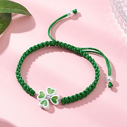 Зеленый Браслеты из пластиковых бусин, плетеные браслеты из нейлоновой нити для женщин, клевер, зелёные, внутренний диаметр: 2.24~3.15 дюйм (5.7~8 см)