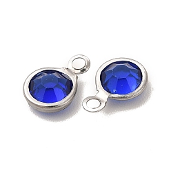 Blue 304 Stainless Steel with Glass Charms, Stainless Steel Color, Faceted Flat Round, Blue, 9.5x6.5x2mm, Hole: 1.5mm
