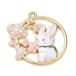 Green Alloy with Enamel Pendants, Flat Round with Rabbit & Flower Charms, Cadmium Free & Nickel Free & Lead Free, Rack Plating, Golden, Green, 31x30x3mm, Hole: 1.8mm