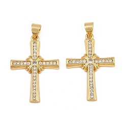 Clear Brass Micro Pave Cubic Zirconia Pendants, Floral Center Cross Charms, Cadmium Free & Lead Free, Golden, Clear, 27.5x19x2.5mm, Hole: 5x3mm