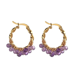 Аметист Серьги из 201 нержавеющей стали, гипоаллергенные серьги, с природными аметист бисера, форма витого кольца, золотые, 30x24 мм, штифты : 1.3x0.7 мм