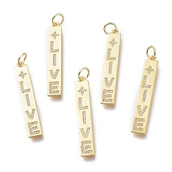 Золотой Латунные микропаве прозрачные подвески с фианитом, с прыжковых колец, долговечный, прямоугольник и слово live и звезда, золотые, 40x6x1 мм, отверстие : 4.5 мм