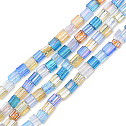 Mixed Color Transparent Glass Beads Strands, Rainbow Plated, Tube, Mixed Color, 3~5.5x3.5~4x3.5~4mm, Hole: 1.2mm, about 98~99pcs/strand, 15.35 inch~15.55 inch(39~39.5cm)