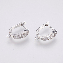 Platinum Brass Micro Pave Cubic Zirconia Hoop Earring Findings with Latch Back Closure, Clear, Platinum, 19x5x15mm, Hole: 1.5mm, Pin: 1.2mm