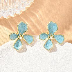 Cielo Azul Pendientes de botón de latón esmaltado para mujer, flor, con perlas de imitación de plástico abs, larga duración plateado, chapado en rack, sin plomo y el cadmio, dorado, el cielo azul, 20x18 mm