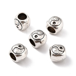 Antique Silver Alloy Beads, Large Hole Beads, Flat Round with Yin Yang Pattern, Antique Silver, 8.5x10x8.5mm, Hole: 5mm