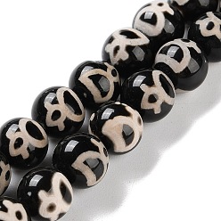 Черный Натуральный тибетский бог богатства, узор дзи, агатовые бусины, пряди, окрашенная и подогревом, круглые, чёрные, 10 мм, отверстие : 1 мм, около 30~38 шт / нитка, 11.89~15.12'' (30.2~38.4 см)