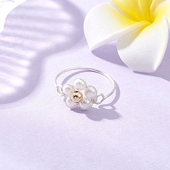 Серебро Перстни из ракушки и жемчуга для женщин, цветок, с экологически чистой медной проволокой, серебряные, 10.5 мм, внутренний диаметр: 19 мм