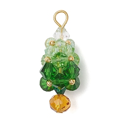 Зеленый Стеклянные подвески, Рождественские елки, с золотой железной петлей, граненые, зелёные, 36.5x13.5x13.5 мм, отверстие : 3.5 мм