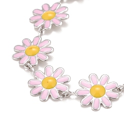Pink Enamel Daisy Link Chains Bracelet, 304 Stainless Steel Jewelry for Women, Stainless Steel Color, Pink, 7-1/4 inch(18.4cm)