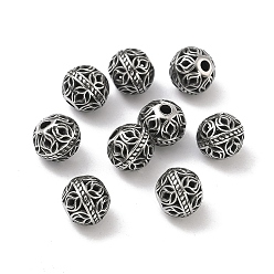 Античное Серебро Ретро 316 хирургические бусины из нержавеющей стали, круглая с цветком, ручная полировка, античное серебро, 8 мм, отверстие : 1.5~1.8 мм