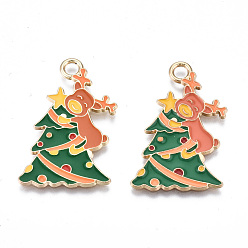 Зеленый Подвески из экологически чистого сплава с эмалью, без кадмия и без свинца и без никеля, рождественский олень / олень, золотой свет, зелёные, 32.5x22x1 мм, отверстие : 3 мм
