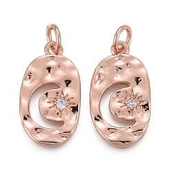 Розовый Позолоченный Кулоны из чеканной латуни с прозрачным кубическим цирконием, с прыжковых колец, долговечный, овал со звездой и луной, Настоящее розовое золото покрыто, 18x10x2 мм, отверстие : 3 мм