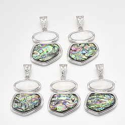 Seashell Color Mixed Shell Big Pendants, with Alloy Findings and Resin Bottom, Colorful, 56x44x5.5mm, Hole: 15.5x7mm