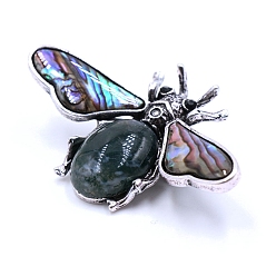 Moss Agate Gemstone Brooches, with Shell and Rhinestone, Insect, 36x60mm
