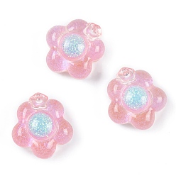 Pink Transparent Epoxy Resin Decoden Cabochons, Glitter Flower, Pink, 18x18.5x11mm