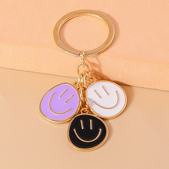 Mixed Color Alloy and Enamel Keychains, Flat Round with Smiling Face, Mixed Color, 7.9cm