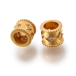 Настоящее золото 18K 925 бусины из стерлингового серебра с микропаве, прозрачные бусины из кубического циркония, колонка со звездой, реальный 18 k позолоченный, 6x5 мм, отверстие : 1.6 мм