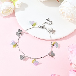 Фиолетовый 201 браслеты на ногу из латунной цепочки с подвесками в виде бабочек из нержавеющей стали и стеклянных цветов, окрашенных распылением, платины и нержавеющая сталь цвет, фиолетовые, 9-3/8 дюйм (239 мм)