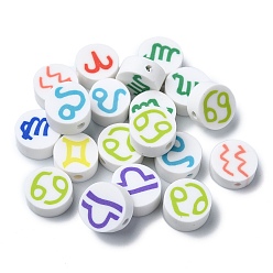 (52) Непрозрачная лаванда Бусины из полимерной глины , плоские круглые с двенадцати созвездий, разноцветные, 9x4 мм, отверстие : 2 мм