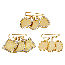 Золотой 3 шт. 3 стили сплава страз брошь основа, стальные булавки для брошей, сердце, овал и квадрат, золотые, 55~57 мм