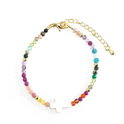 Разноцветный Браслеты из богемской латуни с крестообразными ракушками и бусинами из драгоценных камней, красочный
