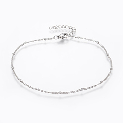 Stainless Steel Color 304 Stainless Steel Anklets, with Lobster Claw Clasps, Round Beads and Cable Chains, Stainless Steel Color, 220mm, 1.4mm