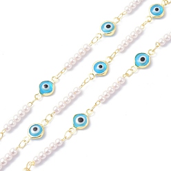 Deep Sky Blue Evil Eye Glass & Brass & ABS Imitation Pearl Handmade Beaded Chains, Long-Lasting Plated, Soldered, with Spool, Deep Sky Blue, 13~17x3~6.5x2.5~3mm, about 10.93 yards(10m)/roll