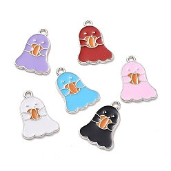 Platinum Halloween Theme Alloy Enamel Pendants, Ghost with Pumpkin, Mixed Color, Platinum, 22x15x1mm, Hole: 1.6mm